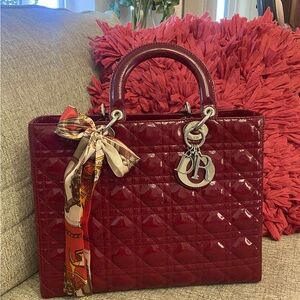 Large Dior Patent Quilted Tote with Silk Scarf